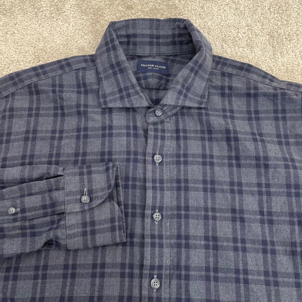 Proper Cloth Flannel Shirt Mens Neck 16.5 Plaid Button Up Cotton Navy